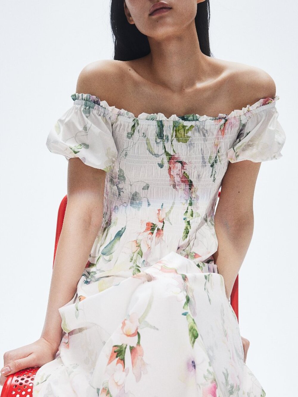 H&M Sz L Floral Print Off the Shoulder Puff-Sleeve Smocked Poplin Midi Dress - Picture 6 of 14